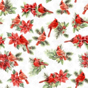 Lumin Fabrics - White Owl Cardinals and Poinsettias
