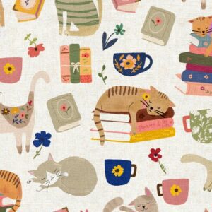 3 Wishes Fabrics - Every Home Every Cat Cats, Books and Coffee