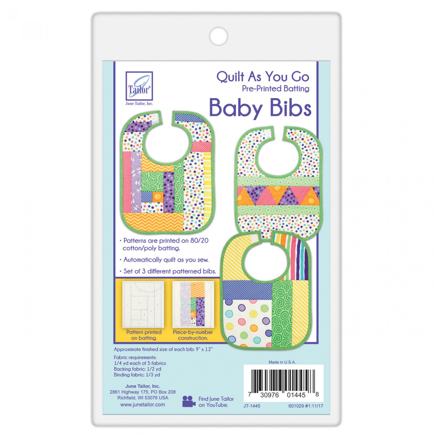 June Tailor - Quilt As You Go Baby Bibs - Patterns printed on cotton/poly batting - Set of 3 different patterned baby bibs