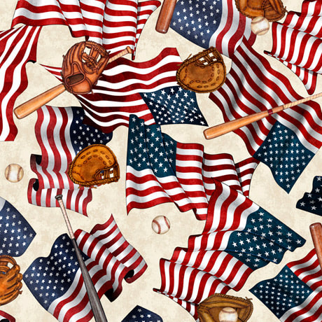 Quilting Treasures - American's Pastime - Flags & Balls - Cream