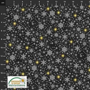 Stof Fabrics- Christmas is Near Gold Shimmer Stars & Snowflakes Metallic Grey
